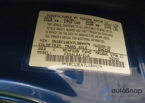 2007 Nissan Versa 1.8S z USA, uszkodzony, nr VIN 3N1BC13E47L384474